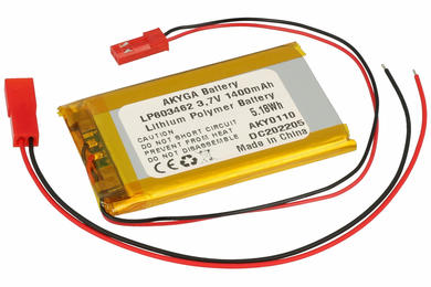 Rechargeable battery; Li-Po; 603462; 3,7V; 1400mAh; 6x34x62mm; PCM protection; connector + socket 2,54*2pins; AKYGA