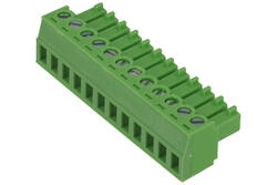 Terminal block; EDK-3.81-12P-4S; 12 ways; R=3,81mm; 15,6mm; 8A; 300V; for cable; angled 90°; square hole; slot screw; screw; vertical; 1,0mm2; green; KLS; RoHS; AK1550