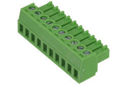 Terminal block; EDK-3.81-10P-4S; 10 ways; R=3,81mm; 15,6mm; 8A; 300V; for cable; angled 90°; square hole; slot screw; screw; vertical; 1,0mm2; green; KLS; RoHS; AK1550