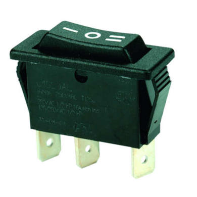 Switch; rocker; C1520ALBB; ON-OFF-ON; 1 way; black; no backlight; bistable; 6,3x0,8mm connectors; 11,1x30,1mm; 3 positions; 16A; 250V AC; Bulgin