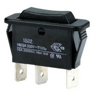 Switch; rocker; C1522ABBB; (ON)-OFF-(ON); 1 way; black; no backlight; momentary; 6,3x0,8mm connectors; 11,1x30,1mm; 3 positions; 16A; 250V AC; Bulgin