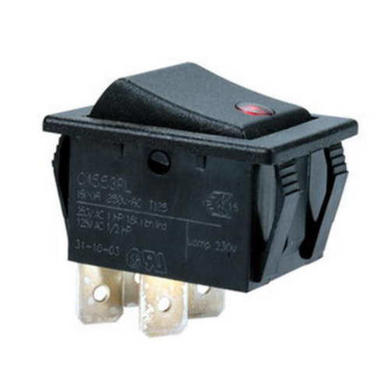 Switch; rocker; C1553PLBR3; ON-OFF; 2 ways; black; neon bulb 250V backlight; red; bistable; 6,3x0,8mm connectors; 22x30mm; 2 positions; 16A; 250V AC; Bulgin