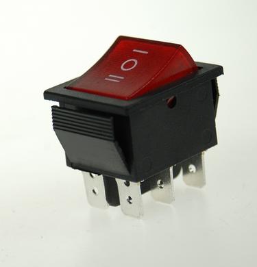 Switch; rocker; C1570/IRS-203; ON-OFF-ON; 2 ways; red; neon bulb 250V backlight; red; bistable; 6,3x0,8mm connectors; 22x30mm; 3 positions; 15A; 250V AC
