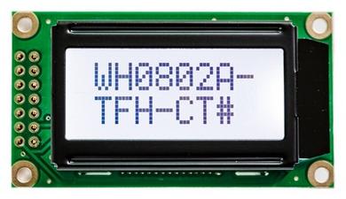 Display; LCD; alphanumeric; WH0802A-TFH-CT; 8x2; black; Background colour: white; LED backlight; 38mm; 16mm; Winstar; RoHS