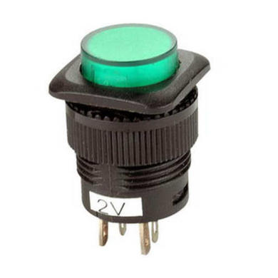 Przełącznik; przyciskowy; R13-508BG; OFF-(ON); zielony; podświetlenie LED 2V; zielony; do lutowania; 2 pozycje; 1,5A; 250V AC; 16mm; 25mm; Howo