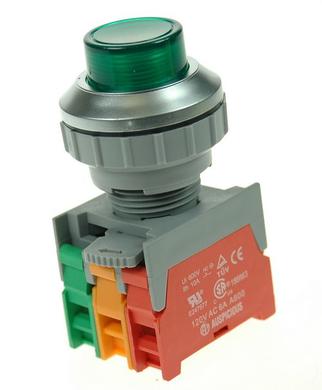Przełącznik; przyciskowy; LBL30-1-O/C-G; ON-(OFF)+OFF-(ON); zielony; podświetlenie bez źródła światła; zielony; śrubowe; 2 pozycje; 3A; 230V AC; 30mm; 50mm; Auspicious