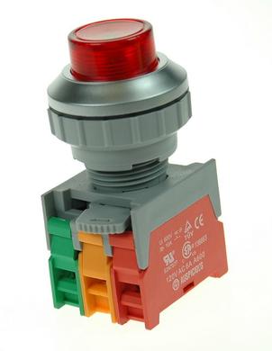 Przełącznik; przyciskowy; LBL30-1-O/C-R; ON-(OFF)+OFF-(ON); czerwony; podświetlenie bez źródła światła; czerwony; śrubowe; 2 pozycje; 3A; 230V AC; 30mm; 50mm; Auspicious
