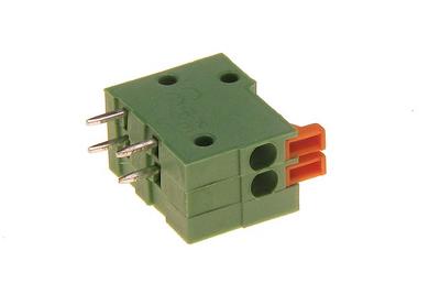 Terminal block; screwless; AK2-02; 2 ways; R=2,54mm; 11mm; 2A; 150V; through hole; angled 90°; round hole; spring; 0,5mm2; green; RoHS