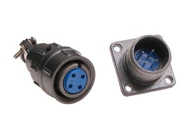 Connector; C06/4p; 4 ways; solder; 0,5mm2; 8mm; cable socket & panel mounted plug; 16mm; blue; grey; 5A; Connfly; RoHS
