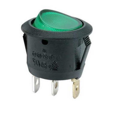 Switch; rocker; R13-112BBG3; ON-OFF; 1 way; green; neon bulb 250V backlight; bistable; 4,8x0,8mm connectors; 20mm; 2 positions; 6A; 250V AC; Arcolectric; RoHS