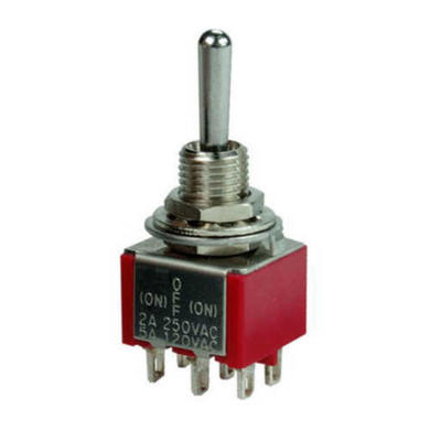 Switch; toggle; T80-8012B-T1-B1-M1; 3*2; ON-OFF-(ON); 2 ways; 3 positions; bistable; momentary; panel mounting; solder; 2A; 250V AC; red; 13mm; Highly; RoHS