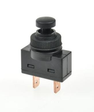 Switch; push button; ASW24; OFF-(ON); black; no backlight; 6,3x0,8mm connectors; 2 positions; 10A; 125V AC; 20A; 12V DC; 12mm; 28mm