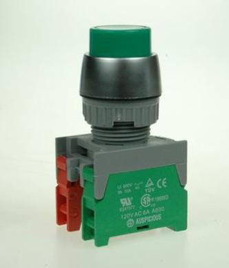 Przełącznik; przyciskowy; PBL22-1-O/C-G; ON-(OFF)+OFF-(ON); zielony; bez podświetlenia; śrubowe; 2 pozycje; 3A; 230V AC; 22mm; 50mm; Auspicious
