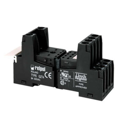 Relay socket; GZT4; DIN rail type; panel mounted; black; without clamp; Relpol; RoHS; AZ165; R4