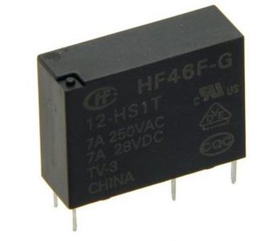 Relay; electromagnetic miniature; HF46F-G/012-HS1T; 12V; DC; SPST NO; 7A; 250V AC; 7A; 28V DC; PCB trough hole; Hongfa; RoHS