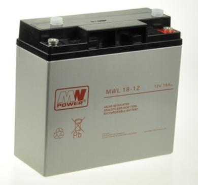 Akumulator; kwasowy bezobsługowy AGM; MWL 18-12; 12V; 18Ah; 181x77x167mm; śruba M5; MW POWER; 5,5kg; 10÷12 lat