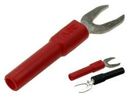 Adapter; Amass; 26.451.1; wtyk widełkowy / gniazdo bananowe 4mm; czerwony; 51mm; 36A; 60V; mosiądz niklowany; PA; RoHS