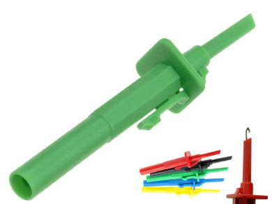 Test clip; 20.170.4; hook type; 4mm; green; 123mm; pluggable (4mm banana socket); 10A; 1000V; stainless steel; PA; Amass; RoHS