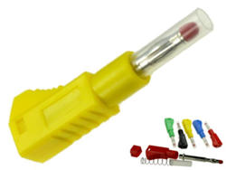 Banana plug; 4mm; 25.450.3; yellow; safe; 56mm; pluggable (4mm banana socket); solder; 32A; 600V; nickel plated brass; PA; Amass; RoHS