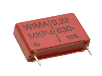 Capacitor; polypropylene; MKP; 220nF; 630V DC/250V AC; MKP4; MKP4J032205D00KSSD; 10%; 7x16,5x26mm; 22,5mm; bulk; -55...+100°C; Wima; RoHS