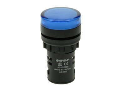 Indicator; AD16-22DS/BL-230VAC; 22mm; LED 230V backlight; blue; screw; black; IP40; 38mm; Onpow; RoHS