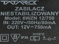Zasilacz; wtyczkowy; ZNT12V750mA; transformatorowy; 12V DC; 750mA; 2,5/5,5mm prosty; kolor czarny; Tatarek