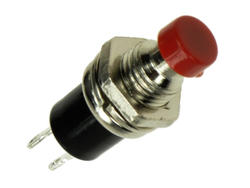 Switch; push button; PBS10BR; OFF-(ON); red; no backlight; solder; 2 positions; 1A; 250V AC; 7mm; 15mm