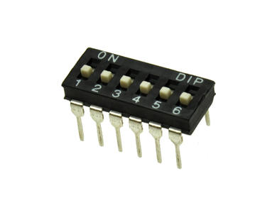 Przełącznik; DIP switch; 6 torów; DIPS6CD; czarny; przewlekany (THT); h=3,6 + suwak 0,6mm; 25mA; 24V DC; czarny