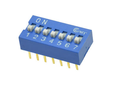Przełącznik; DIP switch; 7 torów; DIPS7ND; niebieski; przewlekany (THT); h=5,2 + suwak 1,1mm; 25mA; 24V DC; biały