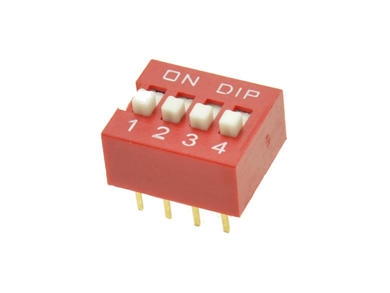 Przełącznik; DIP switch; 4 tory; DIPS4CD; czerwony; przewlekany (THT); h=5,2 + suwak 1,1mm; 25mA; 24V DC; biały; Bochen; RoHS