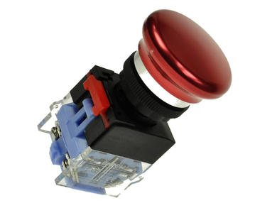 Przełącznik; bezpieczeństwa; przyciskowy; LAS0-K-11MB/R; ON-(OFF)+OFF-(ON); grzybkowy; metalowy; 2 tory; czerwony; bez podświetlenia; monostabilny; śrubowe; 10A; 500V AC; Onpow