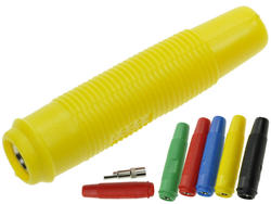 Banana socket; 4mm; 25.430.3; cable mounted; yellow; solder; 47,5mm; 24A; 60V; nickel plated brass; PVC; Amass; RoHS; 1.302