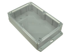 Enclosure; multipurpose; G218CMF; polycarbonate; 222mm; 146mm; 55mm; IP65; light gray; transparent lid; mounting flange; Gainta; RoHS