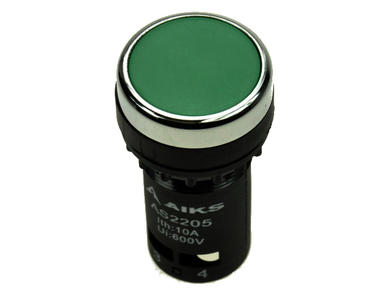 Switch; push button; AS2205-11/G; ON-(OFF)+OFF-(ON); green; no backlight; screw; 2 positions; 6A; 250V AC; 22mm; 40mm; Aiks