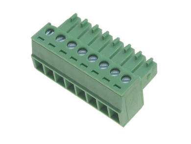 Terminal block; XY2500F-G-08P3.5; 8 ways; R=3,50mm; 15,4mm; 8A; 125V; for cable; angled 90°; square hole; slot screw; screw; vertical; 1,5mm2; green; Xinya; RoHS