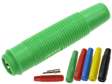 Banana socket; 4mm; 25.430.4; cable mounted; green; solder; 47,5mm; 24A; 60V; nickel plated brass; PVC; Amass; RoHS; 1.302