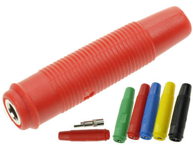 Banana socket; 4mm; 25.430.1; cable mounted; red; solder; 47,5mm; 24A; 60V; nickel plated brass; PVC; Amass; RoHS; 1.302