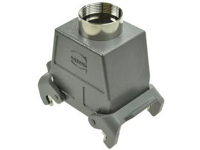 Connector housing; Han A; 09200320431; 32A = 2x16A; metal; straight; for cable; top single cable entry; with double locking levers; entry for PG29 cable gland; grey; IP65; Harting; RoHS