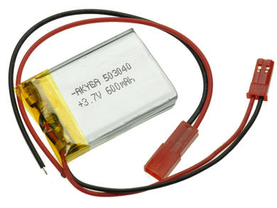 Rechargeable battery; Li-Po; LP503040; 3,7V; 600mAh; 5x30x40mm; PCM protection; connector + socket 2,54*2pins; AKYGA Rechargeable battery; Li-Po; LP503040; 3,7V; 600mAh; 5x30x40mm; PCM protection; connector + socket 2,54*2pins; AKYGA