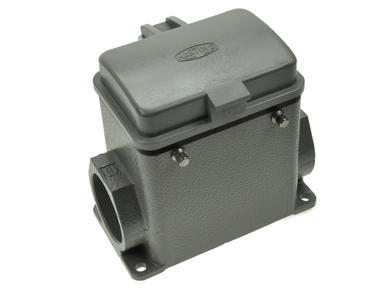 Connector housing; Han A; 09200320221; 32A = 2x16A; metal; straight; for panel; one side cable entry; with cover; for double locking levers; entry for PG29 cable gland; grey; IP65; Harting; RoHS