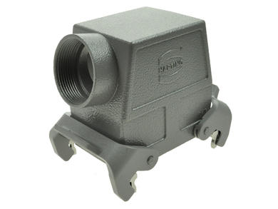 Connector housing; Han A; 09200320531; 32A = 2x16A; metal; angled 90°; for cable; with double locking levers; entry for PG29 cable gland; one side cable entry; grey; IP65; Harting; RoHS