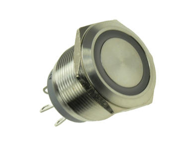 Przełącznik; przyciskowy; tact switch; GQ22-11WE/R/12V; ON-(ON); 1 tor; podświetlenie LED 12V; czerwony; ring; monostabilny; na panel; 0,5A; 250V AC; 22mm; IP67; Onpow; RoHS