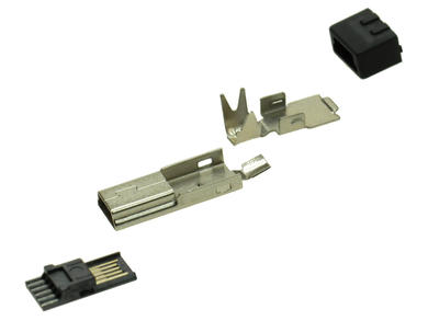 Plug; miniUSB B; 232-5P-B; USB 2.0; black; for cable; straight; solder; metal; RoHS
