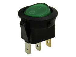 Przełącznik; klawiszowy (kołyskowy); okrągły 12V G0I; ON-OFF; 1 tor; zielony; podświetlenie żarówka 12V; zielony; bistabilny; konektory 4,8x0,8mm; 20mm; 2 pozycje; 20A; 12V DC