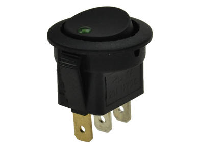 Switch; rocker; IRS101E-8C/DG; ON-OFF; 1 way; black; LED 12V backlight; green; bistable; 4,8x0,8mm connectors; 20,5mm; 2 positions; 20A; 12V DC; Ltjudi