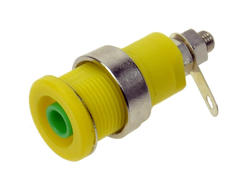 Banana socket; 4mm; 24.301.0; yellow & green; safe; solder; 32,5mm; 32A; 1000V; nickel plated brass; PA; Amass; RoHS; 2.202