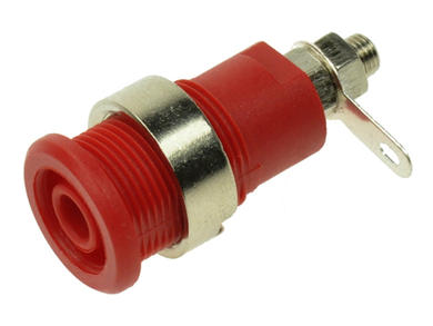 Banana socket; 4mm; 24.301.1; red; safe; solder; 32,5mm; 32A; 1000V; nickel plated brass; PA; Amass; RoHS; 2.202