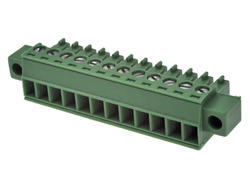 Łączówka; SH12-3,81-K/AKZ1550F/12; 12 torów; R=3,81mm; 15,5mm; 8A; 160V; na przewód; kątowe 90°; skręcane śrubami; śruba prosta; śrubowy; pionowy; 1,5mm2; zielony; Euroclamp; RoHS