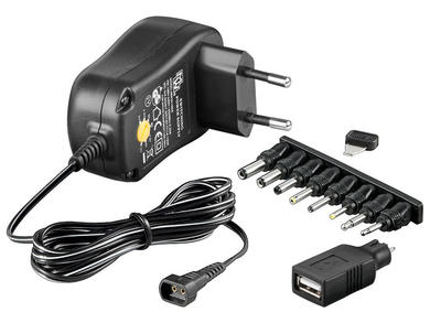 Power Supply; plug; NTS600MW; 3 /4,5 /5 /6 /7,5 /9 /12V DC; 600mA; 7,2W; interchangeable plugs DC; 100÷240V AC; Goobay