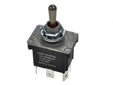 Switch; toggle; TB3-B17; 3*2; (ON)-OFF-(ON); 2 ways; 3 positions; momentary; na panel; 6,3x0,8mm connectors; 12A; 250V AC; black; 35mm; Canal; RoHS